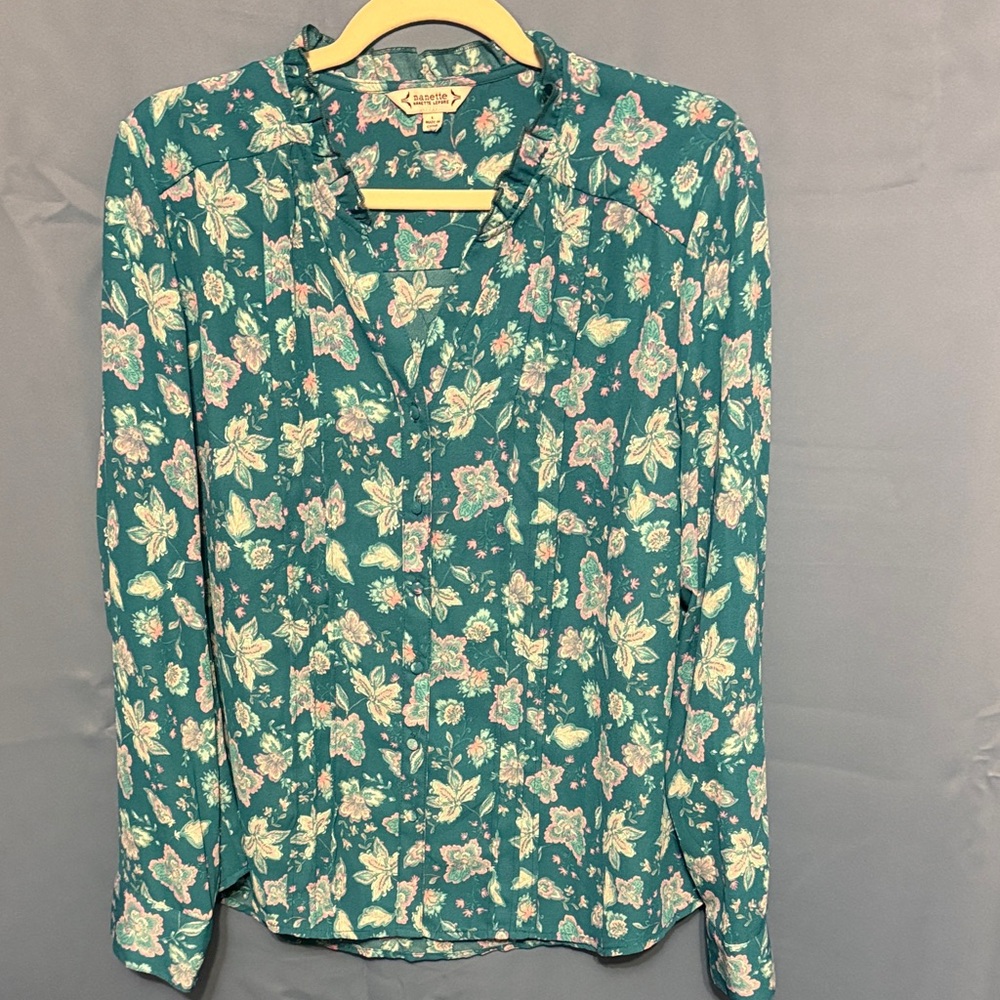 Nanette Lepore Teal Green Floral Blouse size large